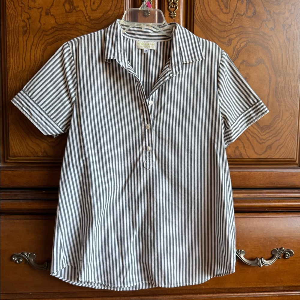 Gray and White Striped Collared Shirt